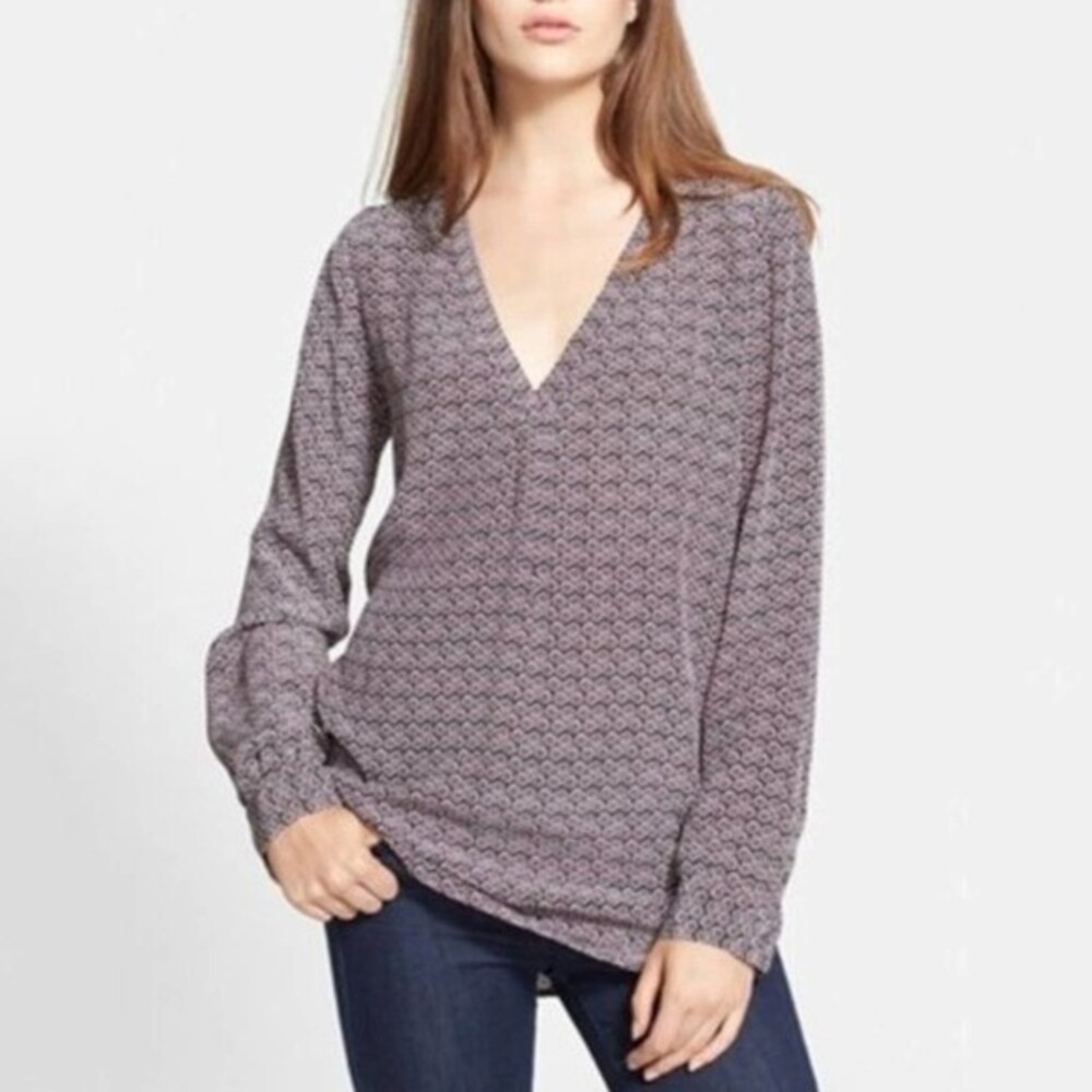 Joie Daryn Shiraz 100% Silk Print V Neck Long Sleeve Blouse XS